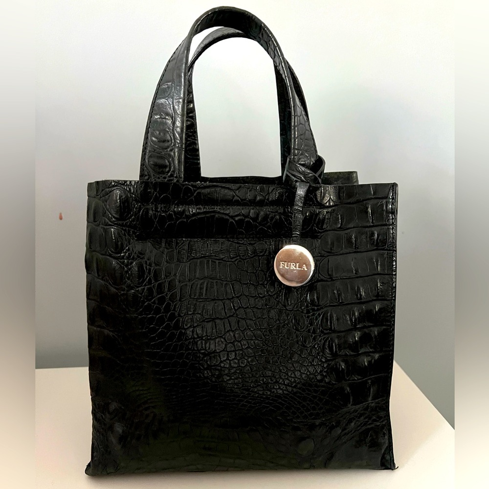 ☀️Sale☀️ FURLA Croc Embossed Leather Mini Tote Bag, Black.
